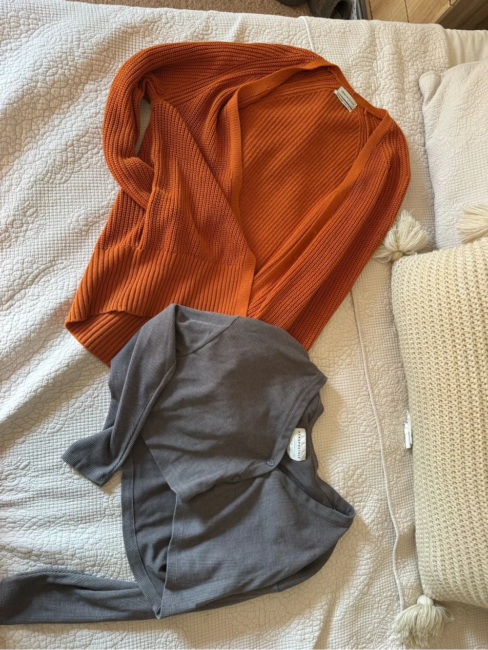 Orange Ribbed Open Cardigan & Gray Cropped Cardigan Duo